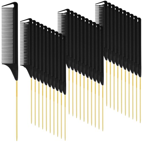 Patelai 30 Pcs Rat Tail Steel Combs Fine Tooth Bulk,Black, Gold | Long Steel Pin Pintail Bulk for Salon Hair Stylists ,Hair Teasing Fine Tooth Comb for Women,Teasing Detangling Tools - color: Black, Gold