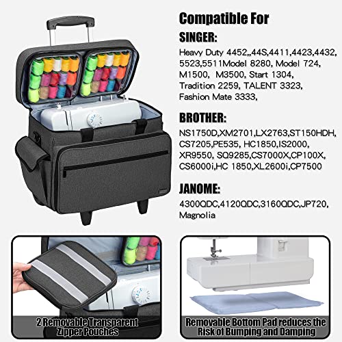 Teamoy Sewing Machine Case with Adjustable Wheels, Rolling Sewing Machine Tote with Wheels and Bottom Wooden Pad, Compatible with Singer, Brother and Most Majority Machines and Accessories, Black | Compatible with Singer, Brother and Most Majority Machine
