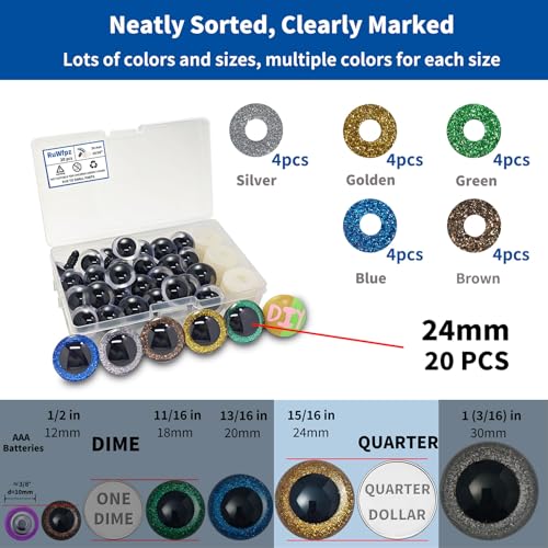 RuWfpz Safety Eyes for Crocheting Amigurumi Glitter 24mm Large 5 Colors | 15/16", 20pcs, DIY, with Labeled Box, Hard Washer, Big Plastic Colored Crochet Stuffed Animal Eyes for Doll Craft Bear Plush - size: 24 mm