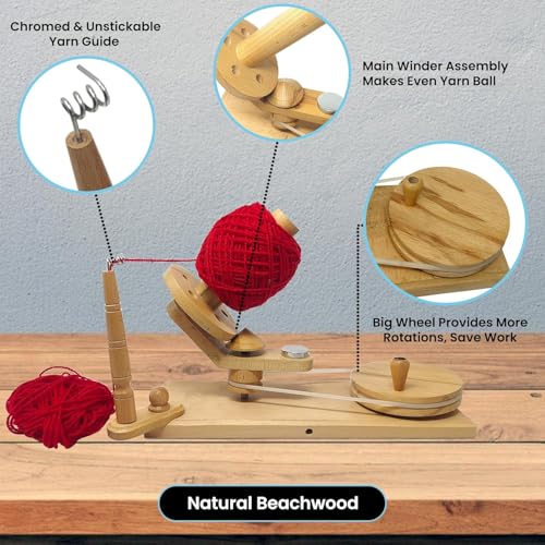 Yarn Winder – Large Handcrafted Wooden Ball Winder for Knitting, Crocheting & Weaving – Heavy-Duty Natural Beachwood Yarn Winder for 8-12 oz Yarn Cakes - color: Beechwood (Winder)