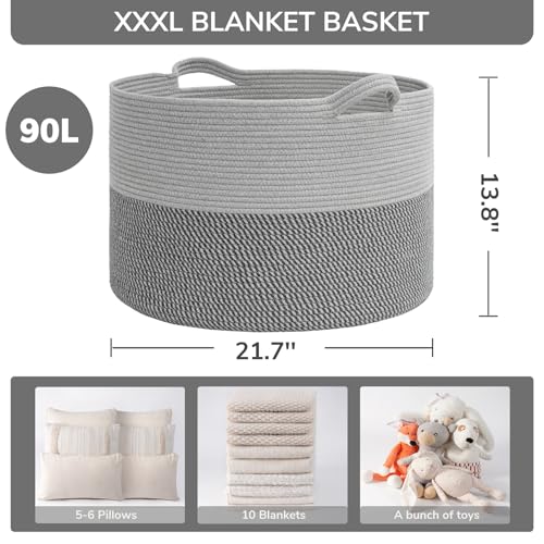 INDRESSME XXXLarge Woven Rope Blanket Basket Living Room Grey, 90L | 21.7" x 13.8" Storage baskets for toys laundry & pillows. Fits living room, bedroom or nursery décor. Soft-touch with handles - color: Light & Dark Grey, size: 21.7"D x 13.8"H