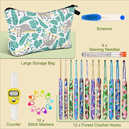 Coopay Crochet Hooks Set with Case, Ergonomic Soft Grip Crochet Hook Kit | 12 Sizes Comfort & Sturdy Forest Crochet Needles for Crocheting Yarn, Crochet Counter, Ideal Crochet Starter Kit, Hooks Case - color: Green Forest
