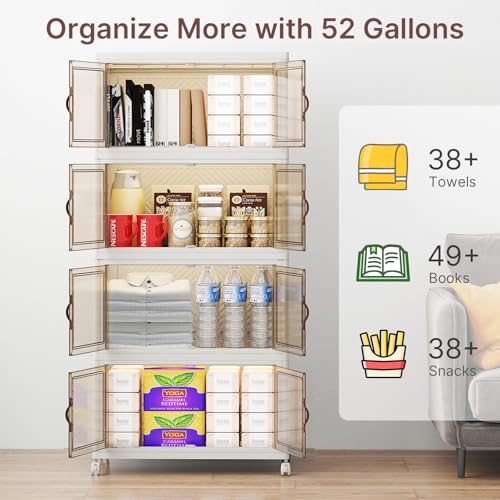 UAMFURI Stackable Storage Bins with Lids, 192QT Lockable Storage Cabinet | Folding Storage Box with Doors and Wheels, Collapsible Plastic Drawers for Home, Garage, Office - color: White, size: Medium