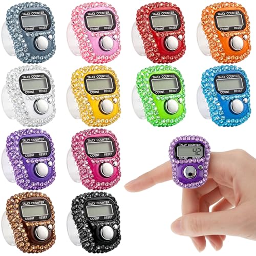 12 Pack Rhinestones Finger Counter, Clicker Counter with 5-Digit Display | 12 Colors Tally Counter Clickers for Running, Golf, Knitting & Inventory, Resettable Electronic Clicker for Daily Use