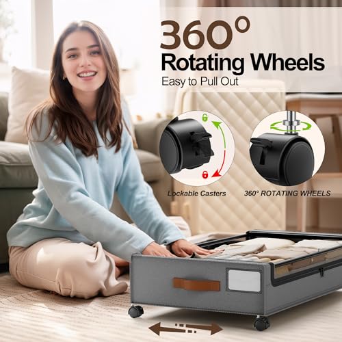 LAMU Under Bed Storage with Wheels, 2Pack Underbed Storage Containers, Grey | Smooth-rolling Wheels, Clear Lid & Label, Sturdy Metal Frame, Easy Install, Rolling Storage Drawers for Clothes, Shoes, Toys - color: Grey, size: 2 Pack
