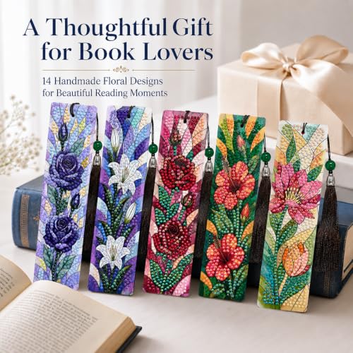 14 PC Diamond Art Flower Bookmark for Adults Gem Bling Bedazzling Kit Women | Bead Art Leather Book Mark Christmas Craft Making Kit Rhinestone Pearl Art DIY Paint by Dots Book Lover Gift - color: Flowers