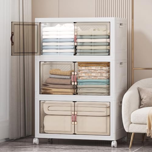 UAMFURI Stackable Storage Bins, 336QT Collapsible Drawers with 1 Lid | Large Capacity, Magnetic Door, Stack Lock, Rolling Wheels, Foldable Design, Organizers and Storage for Bedroom Dorm Garage - color: White-112qt, size: 3Pack with 1 top lid