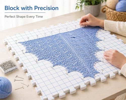 IRSTBL Knitting Blocking Mats Set – 9 Interlocking Foam Mats with Gridlines, 100 T Pins, 20 Locking Stitch Markers and Storage Bag – Crochet Blocking Boards Kit