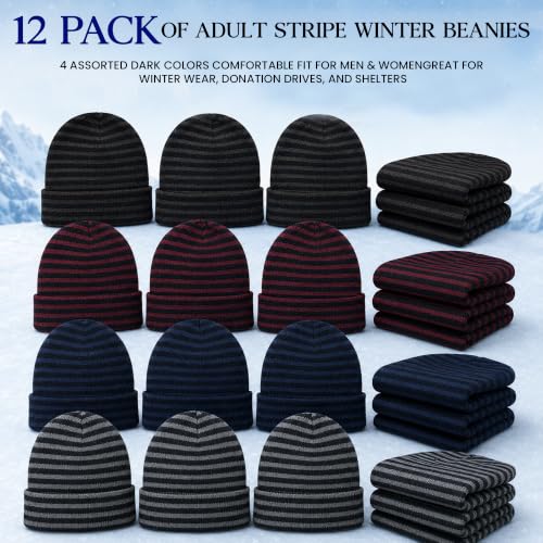 Yacht & Smith Wholesale Beanie and Glove Winter Bulk Kit, Kids Adults Bulk Sets, Homeless Donation Shelters - color: 12 Pack Adults Stripe