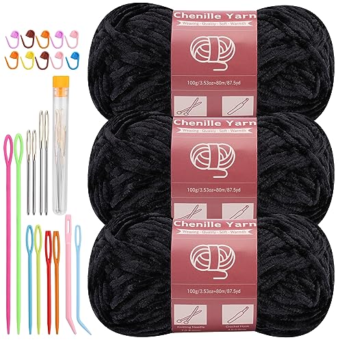 LUNARM Chenille Yarn 3 Pack 3.5oz Chunky Blanket Velvet Yarn 263 Yard | Black Chunky Chenille Yarn for Beginners Crocheting Hand Knitting Scarves with Big Eye Needles Machine Washable - color: Black