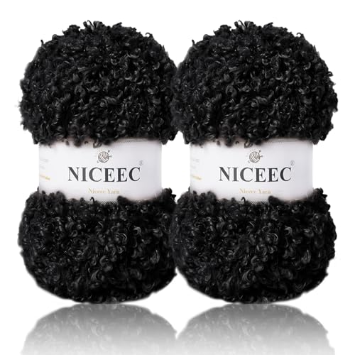 NICEEC 2 Skeins Teddy Fur Yarn- Black | Super Soft, Chunky, Fluffy & Fuzzy, Faux Fur, Eyelash Yarn for Crochet & Knit (Total Length 110yds/7.05oz) - color: Black