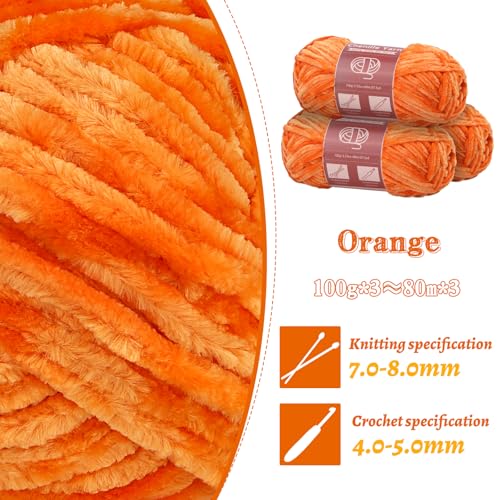 LUNARM Chenille Yarn 3 Pack 3.5oz Chunky Blanket Velvet Yarn 263 Yard | Orange Chunky Chenille Yarn for Beginners Crocheting Hand Knitting Scarves with Big Eye Needles Machine Washable - color: Orange