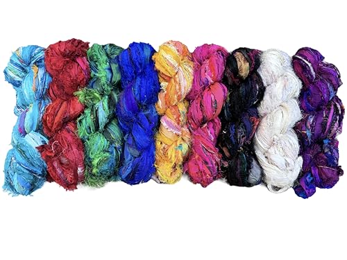 Maker's Craft Recycled Fuzzy Fringes Sari Silk Ribbon Yarn 35yards, 100Grams for DIY Knitting Crocheting Gift Wrapping, Christmas Decoration, Macrame Makers, Jewelry Making, Rugs Hooking (Red) - color: Red