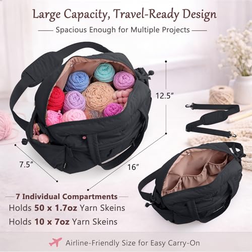 MYBAGZING Stylish Crochet Bag Organizer with Crochet Hook Case, Large Capacity Yarn Bag for Crocheting on the Go, Soft Quilted Crochet Tote with 7 Compartments, Knitting Project Carry-On Travel Gift - color: Black
