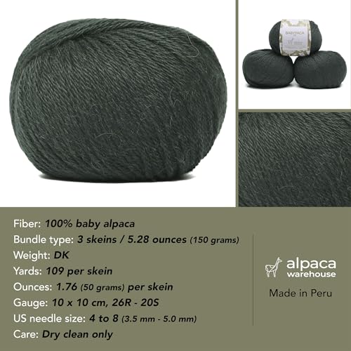 100% Baby Alpaca Yarn 3 Skeins 150g DK Weight Knitting Crochet F. Green | Made in Peru with natural warmth and softness featuring 327yd of premium fiber ideal for scarves shawls sweaters and more - color: Forest Green, size: DK