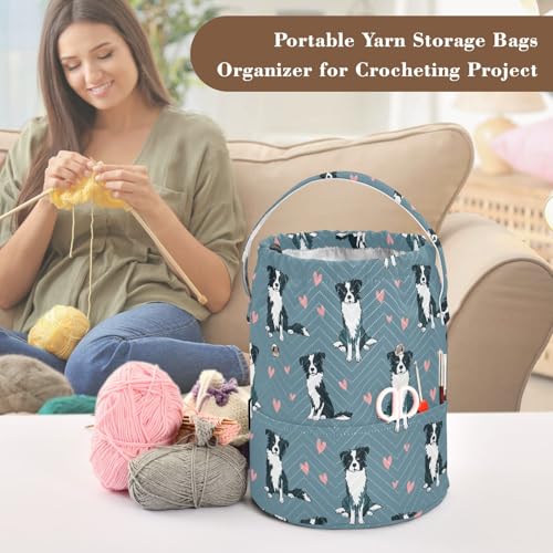Fustylead Cute Border Collie Dog and Pink Hearts Crochet Drawstring Organizer, Large Yarn Bag Storage Tote Basket for Crocheting On The Go, Kit Holder, Gift for Knitter, Crochet Beginner - color: Blue10 Border Collie Dog