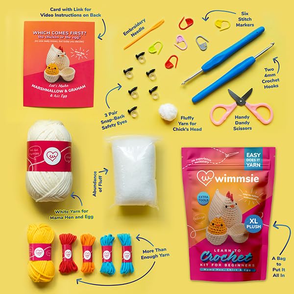 Wimmsie Crochet Animal Kit for Beginners - Easy Beginner Crochet Kit for Kids - Gift for Mom - Amigurumi Chicken Chick & Egg - 3 Kawaii Stuffed Animals - Cute DIY Yarn Plush - color: Pink Hen