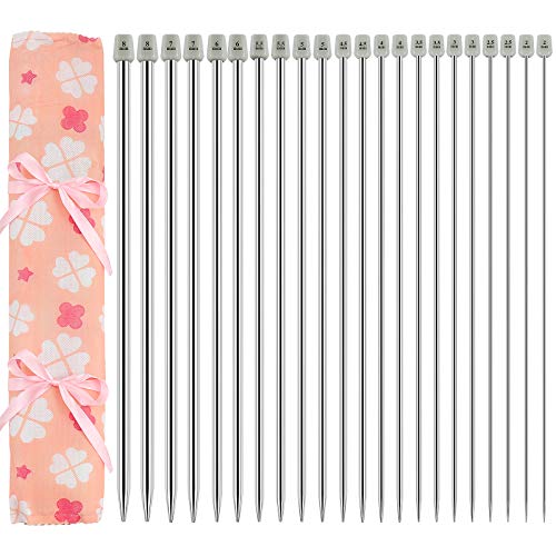 Hysagtek 22 Pcs Knitting Needles Set, 14 Inches Stainless Steel Straight Single Pointed Knitting Needle Kit Metal Knitting Kit in Different Sizes 2.0mm to 8.0mm, with Gift Organizer Bag, 11 Pairs