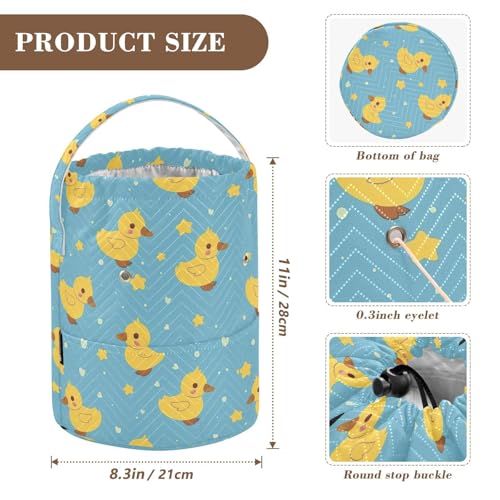 Fustylead Cute Yellow Duck and Hearts Stars Knitting Yarn Storage Tote Basket, Durable Polyester Large Crochet Drawstring Bag for Crocheting Project, Sewing Supplies, Needles - color: Blue06 Duck
