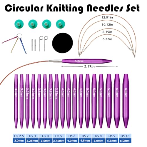 Lewhoo 9 Pair Short Circular Knitting Needles Set with 4 Cables 3.0~6.0mm | Aluminum Interchangeable Knitting Needle Purple With Case - color: Purple