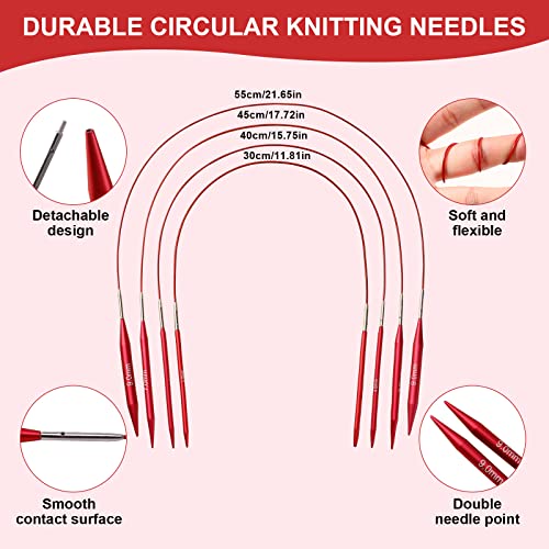 57 PCS Interchangeable Circular Knitting Needles Set, Aluminum Knitting Needles 3.0mm–10.0mm with 4 Cables, Ergonomic Handles & Storage Case, Complete Knitting Kit for Beginners & Advanced Projects - color: New Red