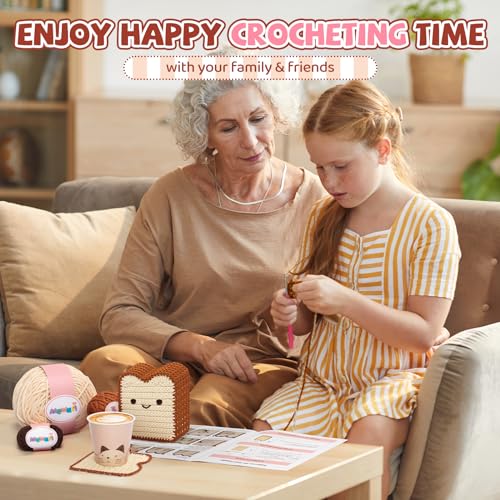 Mewaii Crochet Kit for Beginners, 6 Pack Toast Coaster Craft Set | 40% Extra Yarn, Video Tutorial, Pre-Started Piece, Beginner Friendly, Family Craft Gift for Adults & Kids - color: White