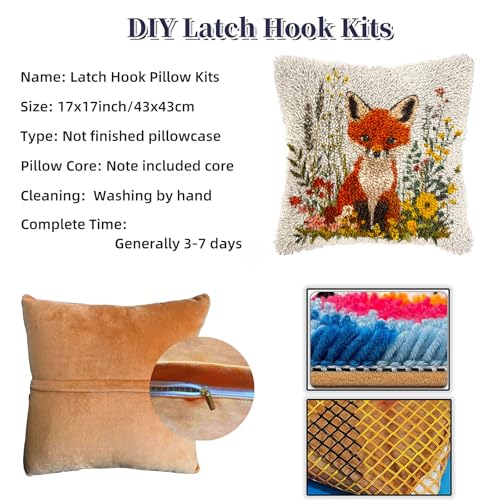DIY Latch Hook Pillow Cover Kits Cute Red Fox in Flowers Stampled Handamade Pillowcase Crochet Yarn Hook and Latch Emboridery Throw Pillow for Home Sofa Decor 43x43cm(4)