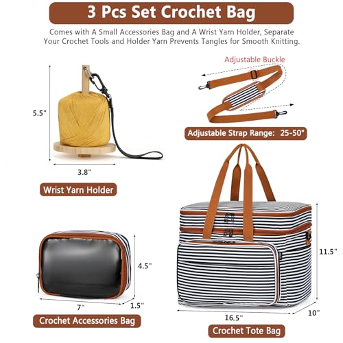 Crochet Organizer Bag with Yarn Holder, Large Yarn Storage for Accessories | 3PCS Crochet Knitting Bag with Accessory Pouch for Hooks, Needles, Travel Tote, Crochet Lovers, Gift for Crafters, No-Tangle - color: Black Stripes