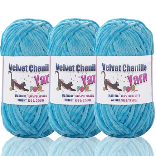 3 * 100g Fluffy Velvet Chenille Yarn for Crocheting and Knitting, Handcrafts Weaving Soft Chenille Yarn for Crocheting Clearance, Used for Making Baby Yarn Blanket, Clothes (3 - Lake Blue) - color: 3 - Lake Blue