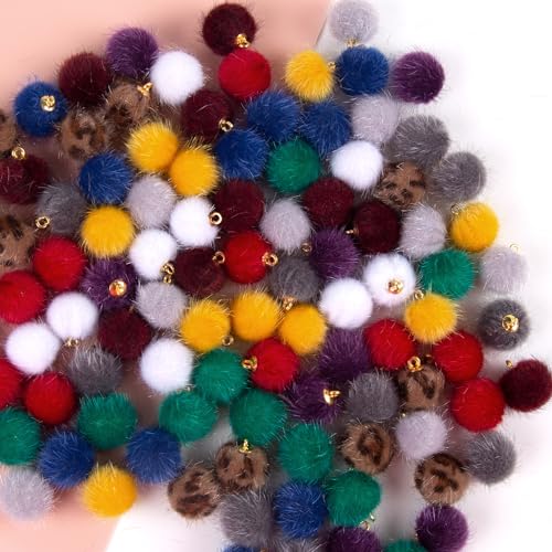 100 Pcs Pom Poms Ball Charms Faux Fur Fluffy Charm Mini Pompoms Pendants for Tassel Keychain DIY Jewelry Making Bracelet Earrings Necklace 10 Colors