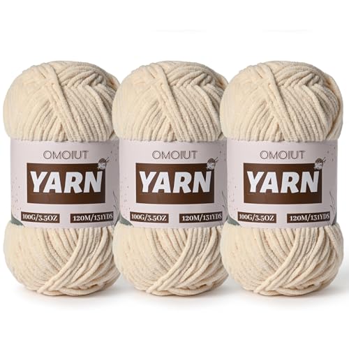 3 Packs Plush Chenille Chunky Crochet Yarn - Baby Yarn for Crocheting Soft - Velvet Yarns Knitting for Blankets Crafts - Fluffy Amigurumi Yarns 300g / 393yd (3 Beige) - color: 3 Beige