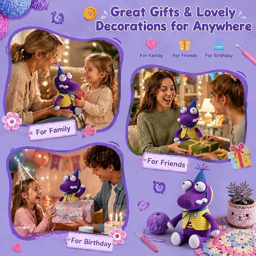 Crochet Kit for Beginners, DIY Crochet Amigurumi Craft Kit (Purple+Blue) | Easy Crochet & Knitting Starter Set with Cotton Yarn & Step-by-Step Instructions, Learn to Crochet Kits for Adults Beginner - color: Purple-blue Crocodile