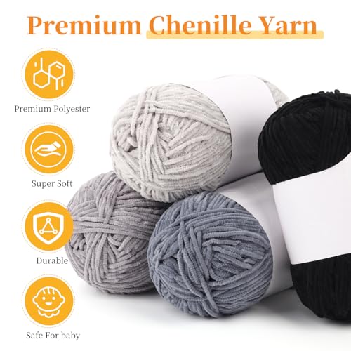 Coopay Skinny Chenille Yarn for Crocheting & Knitting, Black & Grey | Crochet Yarn Set - 600g Total, Velvet Yarn for Colorful Crafts, Blankets, Plush Dolls, Decorative Handmade Works - color: Gray Tones, size: #2 Thin