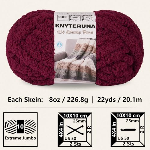 Chunky Yarn for Hand Knitting, #10 Chunky Blanket Chenille Yarn, Large Bulky Thick Jumbo Yarn, Super Chunky Knit Yarn for Crocheting, 8 Skein (8 oz 22 yds Each Skein), Burgundy - color: Burgundy