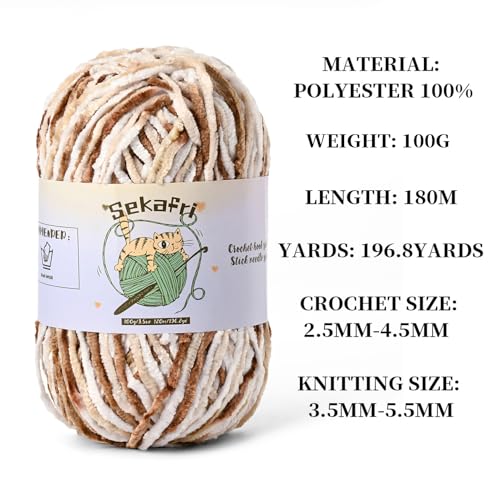 3 Pack of 300g (590yds) Fuzzy Chenille Yarn for Crocheting, Fluffy Amigurumi Crochet Yarn for DIY Craft/Hat/Clothes, Soft Velvet Baby Blanket Yarns (3 White Coffee) - color: 3 White Coffee