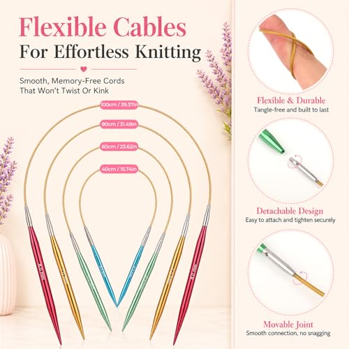 Katech 13 Pairs Interchangeable Circular Knitting Needles (3.0mm~10.0mm) | Knitting Needle Set with Flexible Cables-Perfect for Sweater/Beanie Hat/Blanket/Afghan/Socks-Ideal Gift for Beginners - size: 4.53 inch（interchangeable）