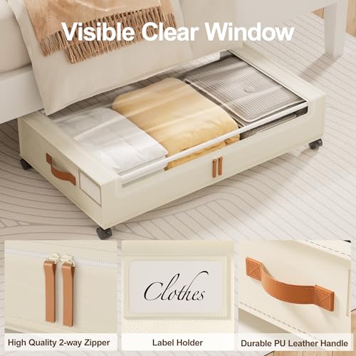 LAMU Under Bed Storage with Wheels, 2Pack Underbed Storage Containers,Beige | Smooth-rolling Wheels, Clear Lid & Label, Sturdy Metal Frame, Easy Install, Rolling Storage Drawers for Clothes, Shoes, Toys - color: Beige, size: 2 Pack