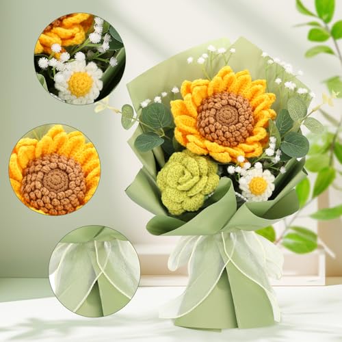 Marvogo Handmade Crochet Flower Bouquet,Crochet Flowers for Loved Ones | Crochet Flower,Crochet Rose, sunflower Finished Artificial Flower Ideal for Lovers, Family and Friends Yellow & Brown - color: Yellow&brown