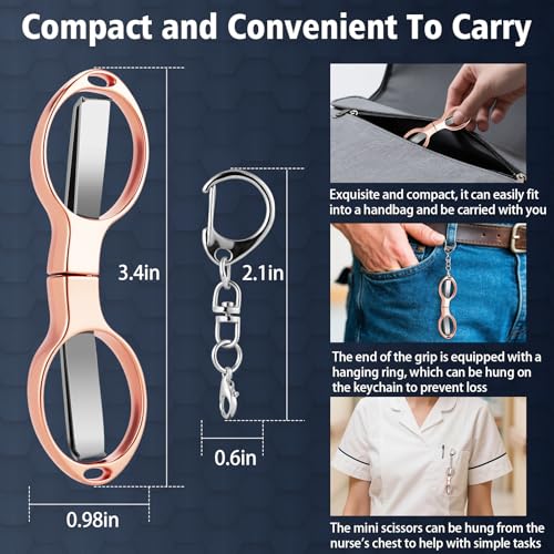 3 Pcs Folding Stainless Steel Mini Badge Scissors with 3 Keychains | Safety Foldable Pocket Travel Small Scissors All Purpose for Nurse Accessories, Travel, Office, Craft, Sewing (Rose Gold) - color: Rose Gold