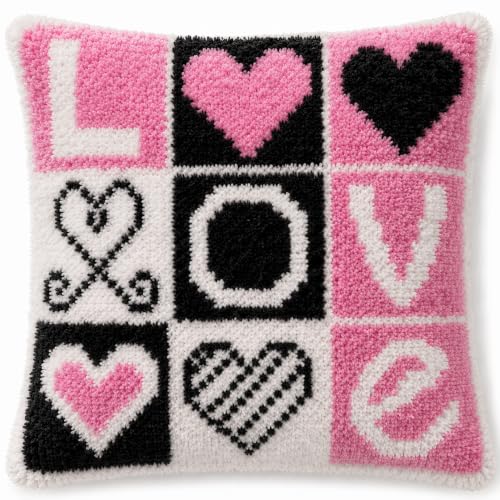 ZFFLYH Love Latch Hook Pillow Kits for Adults Beginners Pre-Printed Cushion | Home Sofa Cushion Cover Preprinted Canvas Crochet Yarn Kits Needlework Crafts Festival Gift for Adults Beginner 17X17 Inch - color: LOVE