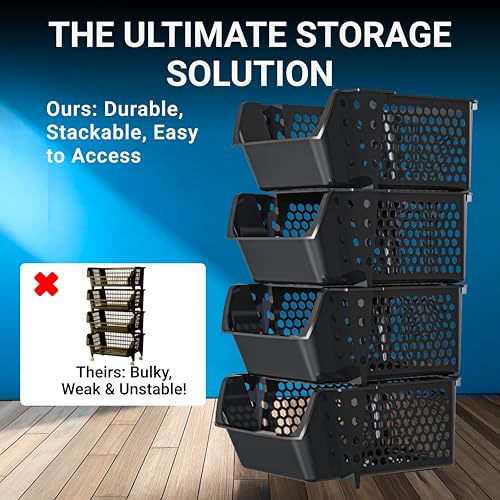 Skywin Stackable Storage Bins Open Front for Pantry Storage, 4 Pack - Black | Sturdy Plastic, Easy Stacking, Breathable & Open Front Design, Pantry Storage for Snacks, Toiletries, and Small Essentials - color: Black