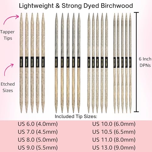 Lykke Driftwood Large 6-inch DPN Knitting Needles Set | Large US 6, 7, 8, 9, 10, 10.5, 11, 13 Black Case, Birchwood Semi-Sharp Tips, Project Bag - color: Driftwood-with-Black-Case