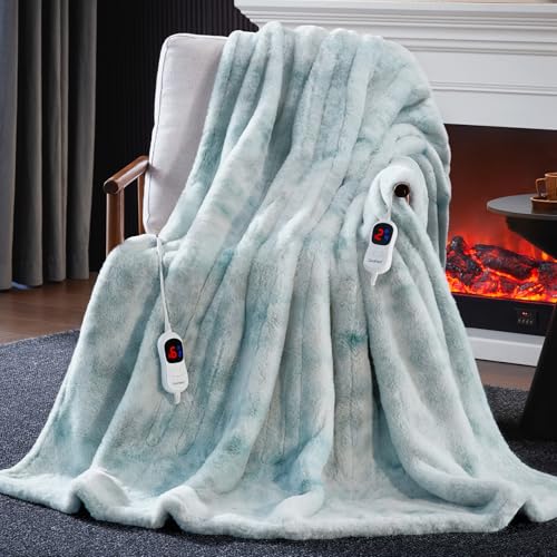 Guohaoi Heated Blanket, Soft Faux Rabbit Fur Electric Throw, 90"×100" | Electric Blanket with 10 Heating Levels 5 Sitting Timer Auto Off, Cozy Warm Heating Blankets, Machine Washable, Blue - color: Blue, size: 90''*100''