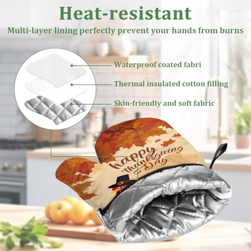Turkey Maple Pumpkin Oven Mitts and Pot Holders Sets 4 Pcs Silicone Happy Thanksgiving Day Kitchen Gloves Heat Resistant Potholders for Baking Grilling BBQ - color: Happy Thanksgiving Day
