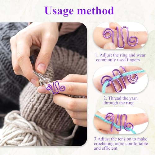 HUISUYTON 4Pcs Handmade Crochet Ring with 10 Pcs Butterfly Stitch Marker | Adjustable Crochet Tension Ring for Finger, Metal Open Yarn Guide Crocheting Loop Ring, Gifts for Crocheters Knitters Mother - color: Multicolored