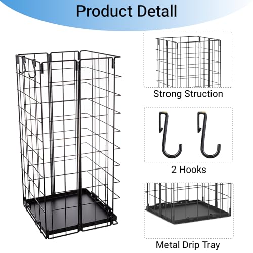 Umbrella Stand, Umbrella Holder for Entryway, Large Metal Foldable Umbrella Rack Organizer Freestanding, with Water Tray and Hooks, Rectangular Hollow Rack 9.5 x 9.5 x 19.7 Inches (Black) - color: Black