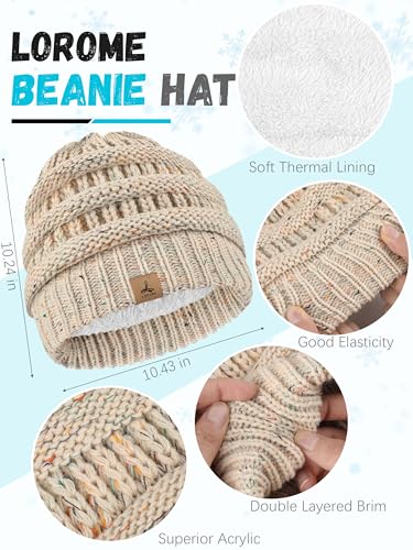 LOROME Winter Beanie Hat Scarf Gloves, Warm Fleece Knit Neck Scarf Set Gift | Hats Gloves Scarf Set, Touchscreen Gloves, Universal Size Neck Scarf Set Winter Gifts for Unisex Adult Winter Wear - color: Off White Confetti