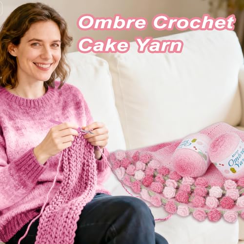 Alvian Ombre Crochet Cake Yarn for Crocheting, 2 Large Skeins Gradient Cake Yarn 200g (7.05 oz) 380m (415 Yards), Ombré Yarns Cake Rainbow Cotton Yarn for Blankets, Scarves, Shawls (Pink) - color: Pink