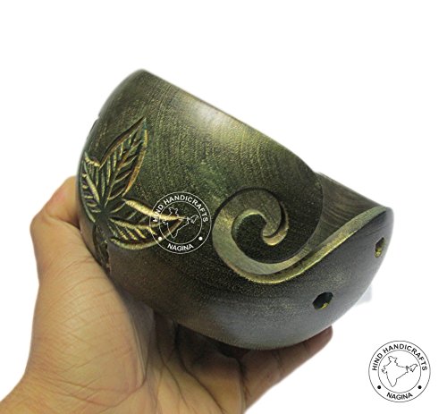 Premium Solid Dark Handmade Crafted Wooden Portable Antique Yarn Storage Bowl - Holder for Knitting Crochet Hook Accessories (6" x 6" x 3", Brass Green) - color: Brass Green, size: 6" x 6" x 3"