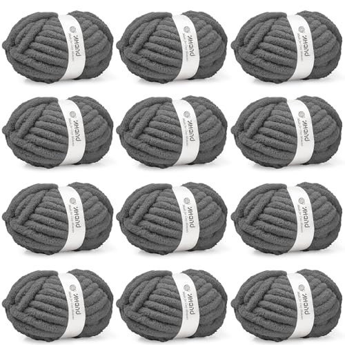 Inhand Chunky Chenille Yarn for Hand Knitting,Thick Bulky Blanket Yarn for Crocheting,Soft Fluffy Yarn for Crochet Birthday Gifts for Men/Women/Beginners,12 Pack (29.5Yds/8.4oz Each),Deep Gray - color: Deep Gray, size: 12 Pack